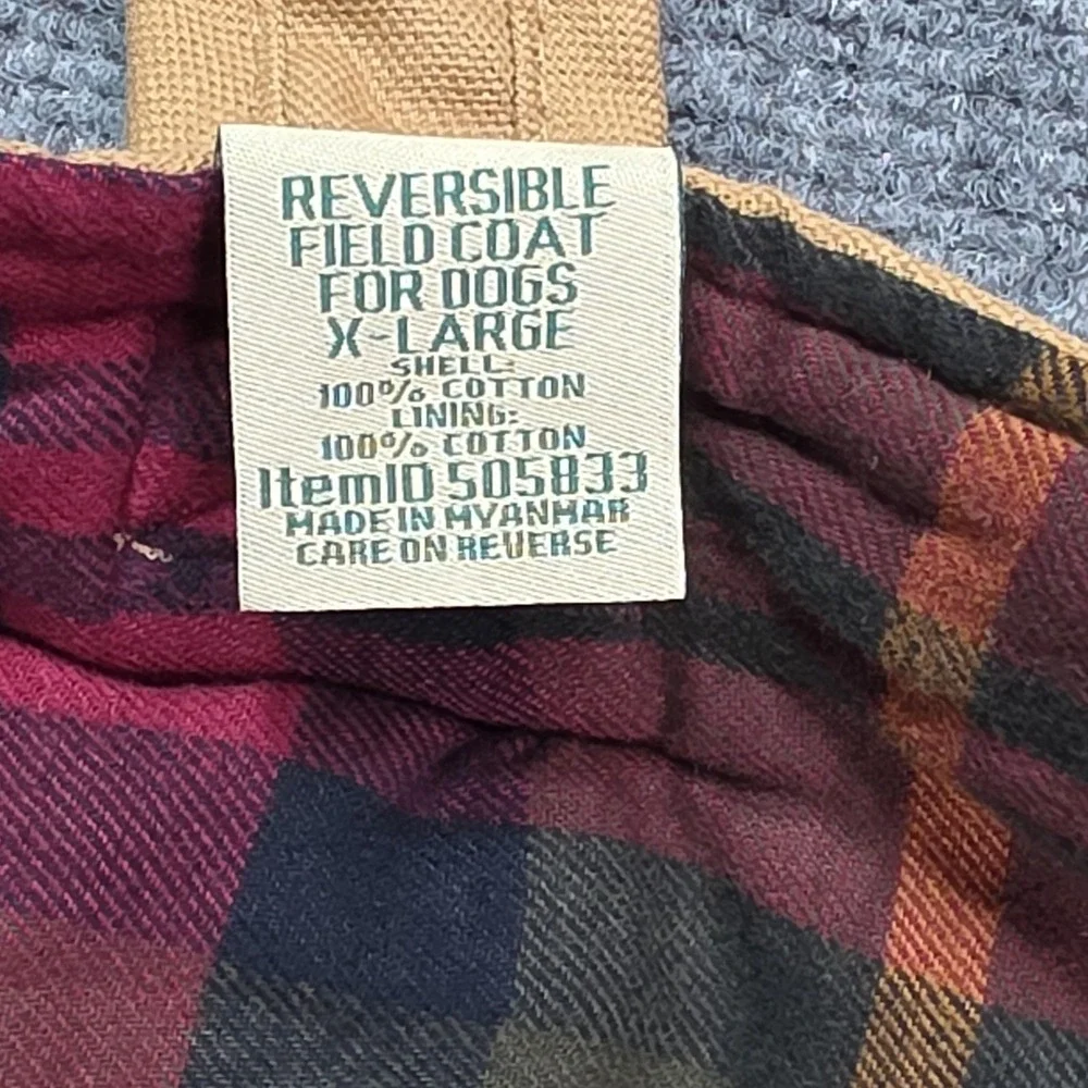 L.L.Bean Reversible Field Dog Coat Jacket XL Plaid Tan Cotton Warm Outdoor